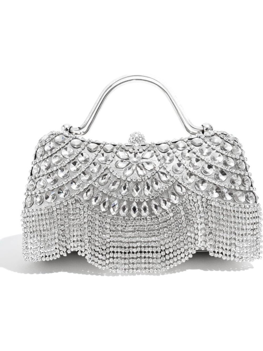 Sparkly Rhinestone Clutch Purse with Fringe & Detachable Chain for Weddings
